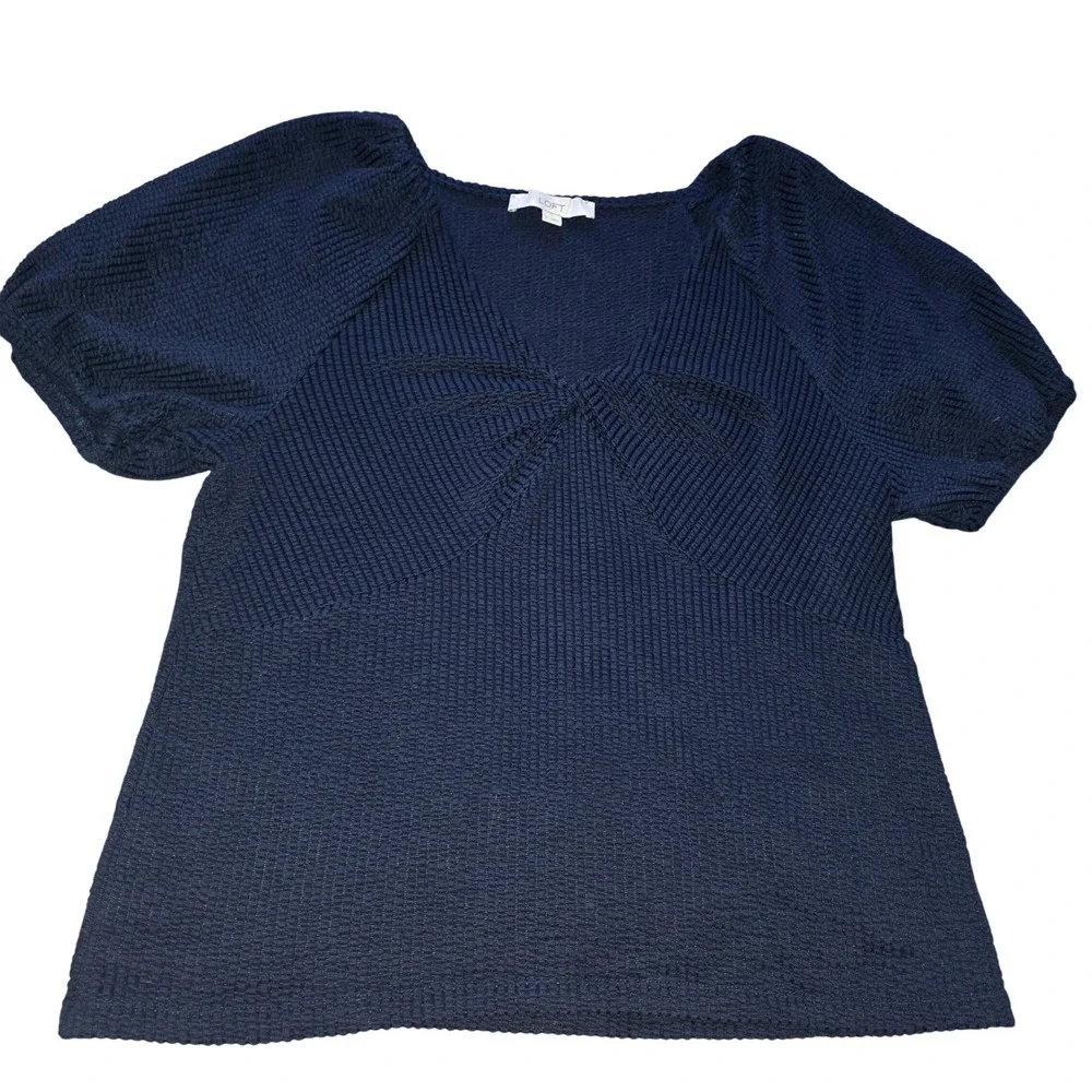 LOFT Navy Blue Seersucker Textured Twist Front Puff Sleeve Top‎ Women's Size L